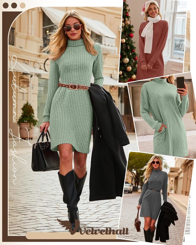 3 Pack Womens Long Sleeve Sweater Dresses, Ribbed Knit Turtle Neck Casual Tunic Dresses with Pockets Fall Outfits 3 Pack Womens Long Sleeve Sweater Dresses, Ribbed Knit Turtle Neck Casual Tunic Dresses with Pockets Fall Outfits