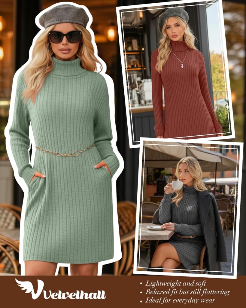3 Pack Womens Long Sleeve Sweater Dresses, Ribbed Knit Turtle Neck Casual Tunic Dresses with Pockets Fall Outfits 3 Pack Womens Long Sleeve Sweater Dresses, Ribbed Knit Turtle Neck Casual Tunic Dresses with Pockets Fall Outfits