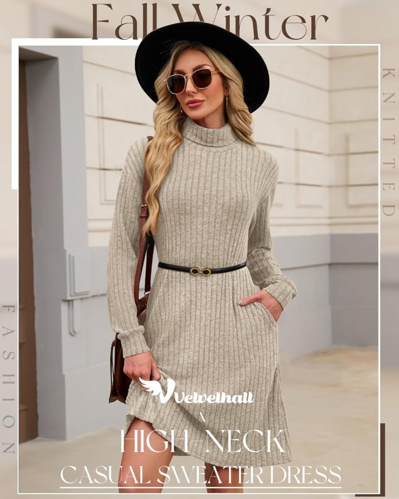 3 Pack Womens Long Sleeve Sweater Dresses, Ribbed Knit Turtle Neck Casual Tunic Dresses with Pockets Fall Outfits 3 Pack Womens Long Sleeve Sweater Dresses, Ribbed Knit Turtle Neck Casual Tunic Dresses with Pockets Fall Outfits