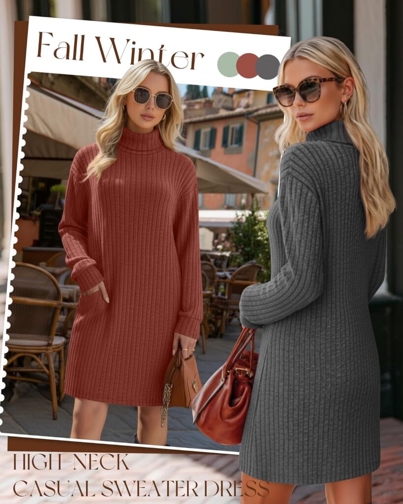 3 Pack Womens Long Sleeve Sweater Dresses, Ribbed Knit Turtle Neck Casual Tunic Dresses with Pockets Fall Outfits 3 Pack Womens Long Sleeve Sweater Dresses, Ribbed Knit Turtle Neck Casual Tunic Dresses with Pockets Fall Outfits