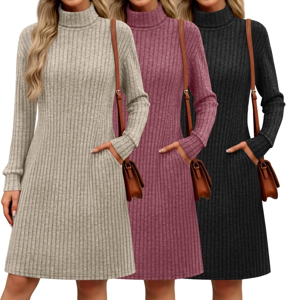 3 Pack Womens Long Sleeve Sweater Dresses, Ribbed Knit Turtle Neck Casual Tunic Dresses with Pockets Fall Outfits 3 Pack Womens Long Sleeve Sweater Dresses, Ribbed Knit Turtle Neck Casual Tunic Dresses with Pockets Fall Outfits