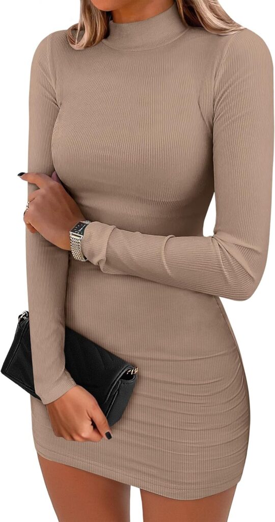 ANRABESS Women Long Sleeve Mock Neck Bodycon Mini Dress 2025 Fall Ribbed Slim Fit Pencil Cocktail Club Night Dresses