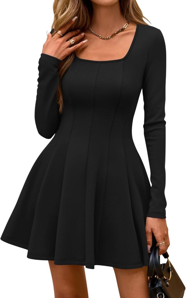 BTFBM Square Neck Dress for Women Casual Spring Long Sleeve Knit Pleated Elegant Classy 2026 Fall Cocktail Mini Dresses