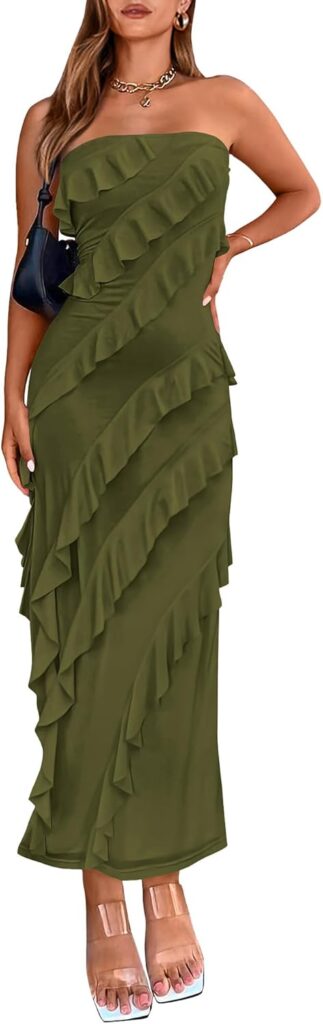 BTFBM Women Summer Elegant Strapless Midi Ruched Bodycon Dress Solid Color Stretch Mesh Slim Party Cocktail Dresses BTFBM Women Summer Elegant Strapless Midi Ruched Bodycon Dress Solid Color Stretch Mesh Slim Party Cocktail Dresses