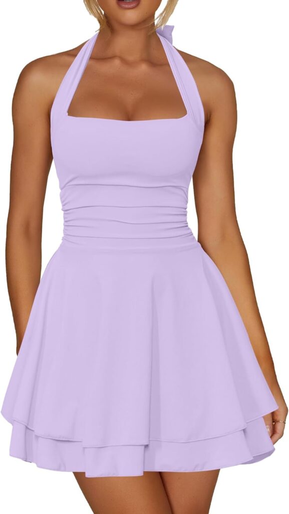 Kaximil Womens Sexy Halter Ruffle Hem Mini Dress Ruched Waist Corset Short Party Dresses