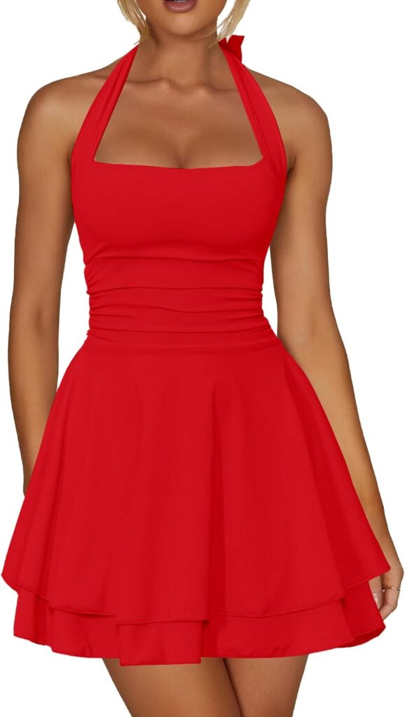 Kaximil Womens Sexy Halter Ruffle Hem Mini Dress Ruched Waist Corset Short Party Dresses