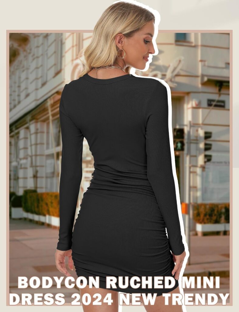 Long Sleeve Dress for Women, Sexy Mini Casual Ruched Bodycon Ribbed Slim Fit Scoop Neck Dress Long Sleeve Dress for Women, Sexy Mini Casual Ruched Bodycon Ribbed Slim Fit Scoop Neck Dress