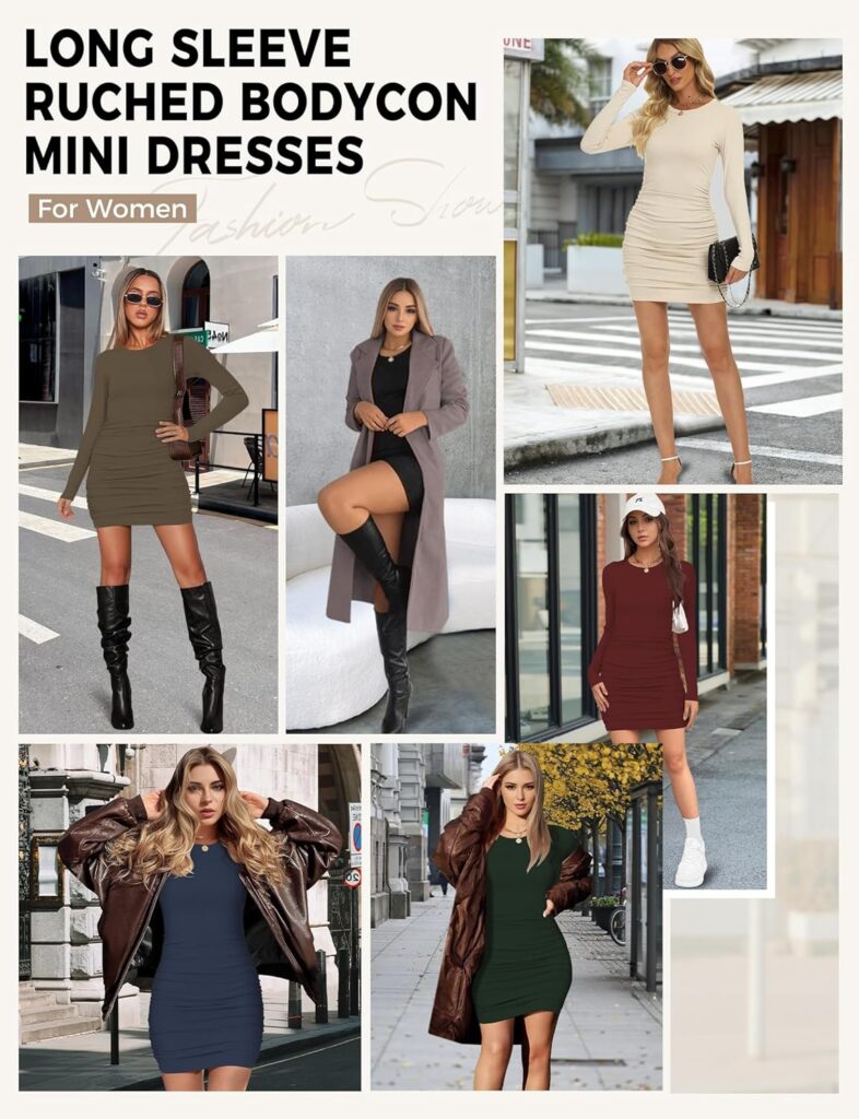 Long Sleeve Dress for Women, Sexy Mini Casual Ruched Bodycon Ribbed Slim Fit Scoop Neck Dress Long Sleeve Dress for Women, Sexy Mini Casual Ruched Bodycon Ribbed Slim Fit Scoop Neck Dress