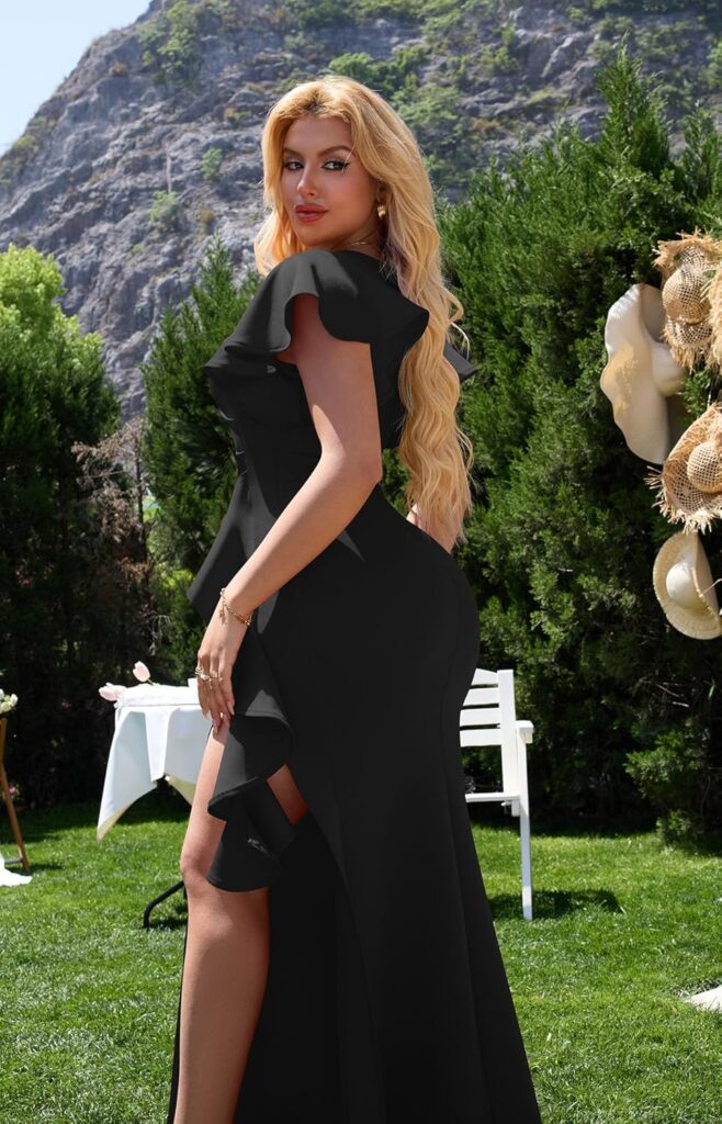 Memoriesea Womens Elegant High Split Ruched Bodycon Mermaid Evening Cocktail Maxi Dress