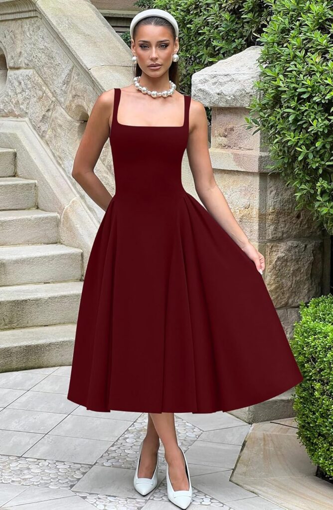 Memoriesea Womens Elegant Square Neck Swing A Line Wedding Evening Party Midi Dress