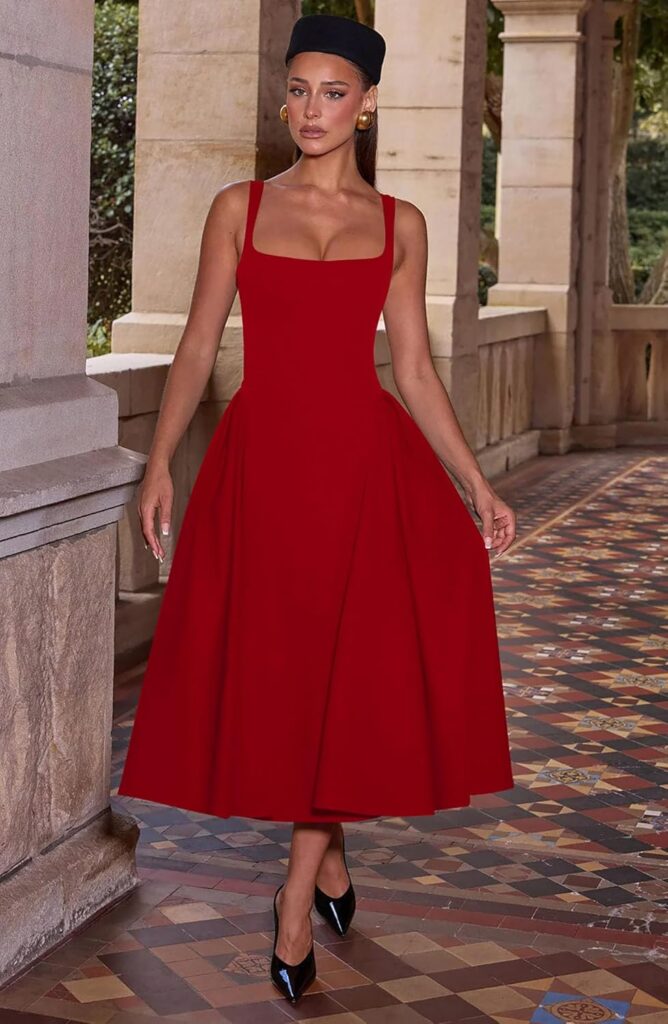 Memoriesea Womens Elegant Square Neck Swing A Line Wedding Evening Party Midi Dress