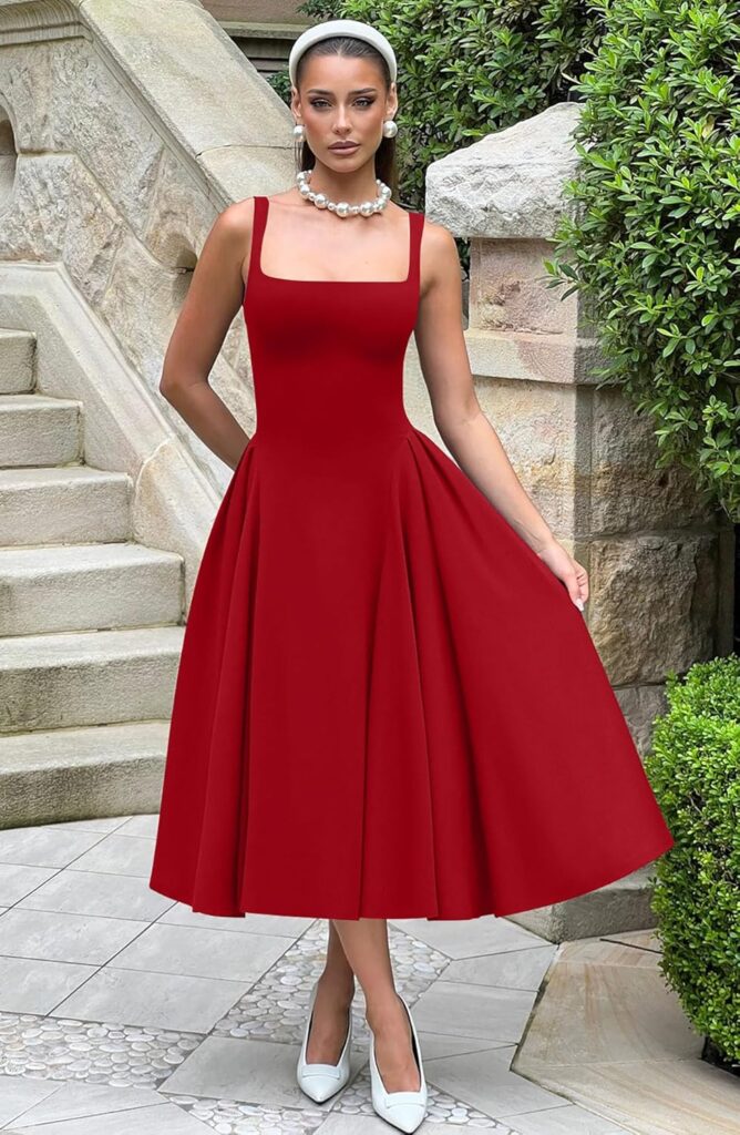 Memoriesea Womens Elegant Square Neck Swing A Line Wedding Evening Party Midi Dress