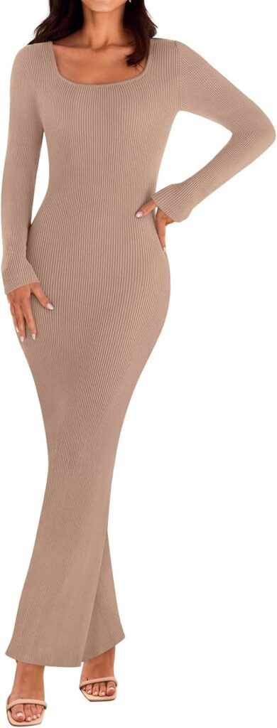 MEROKEETY Womens 2025 Fall Long Sleeve Bodycon Sweater Dress Square Neck Ribbed Knit Party Maxi Dresses