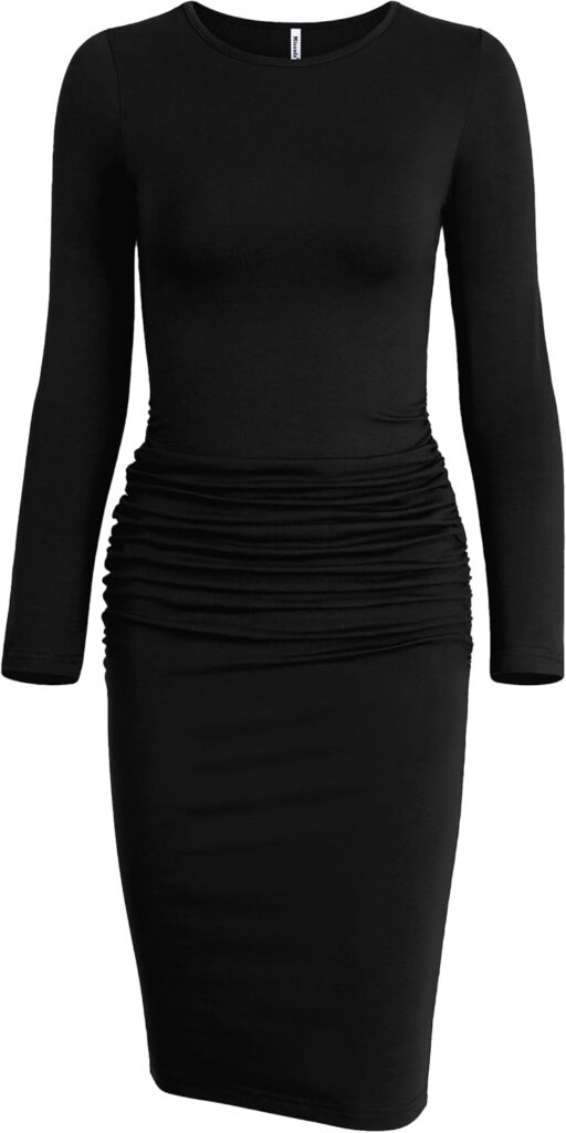 Missufe Womens Long Sleeve Ruched Casual Sundress Bodycon Sheath Knee Length Dress