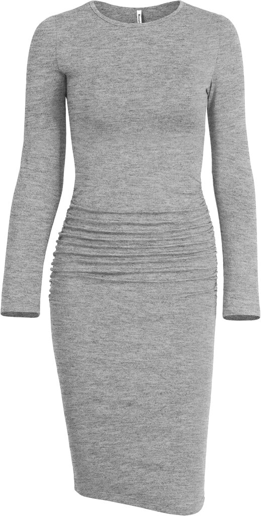 Missufe Womens Long Sleeve Ruched Casual Sundress Bodycon Sheath Knee Length Dress