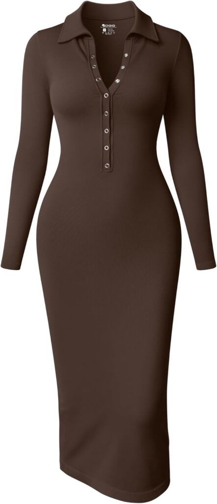 OQQ Womens Long Sleeve Maxi Dress Ribbed Back Slit Button Down Bodycon Soft Going Out Elegant Party Dresses