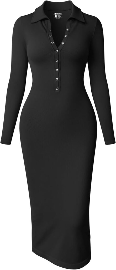 OQQ Womens Long Sleeve Maxi Dress Ribbed Back Slit Button Down Bodycon Soft Going Out Elegant Party Dresses
