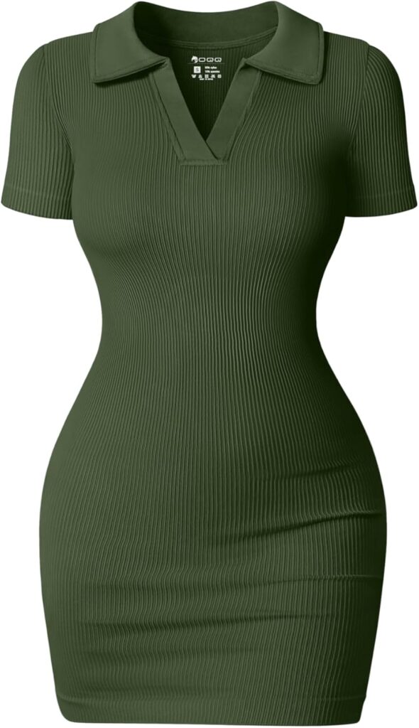 OQQ Womens Mini Dresses Sexy Ribbed Short Sleeve Tummy Control Bodycon Mini Dress