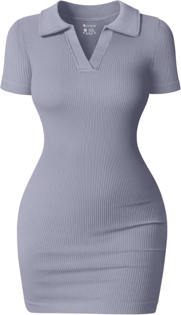 OQQ Womens Mini Dresses Sexy Ribbed Short Sleeve Tummy Control Bodycon Mini Dress