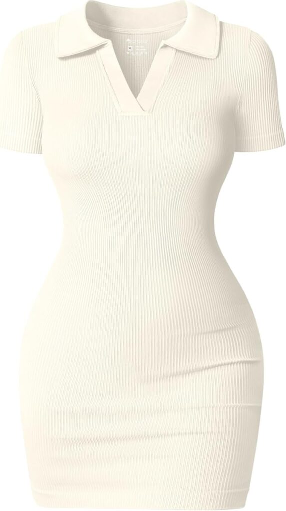 OQQ Womens Mini Dresses Sexy Ribbed Short Sleeve Tummy Control Bodycon Mini Dress