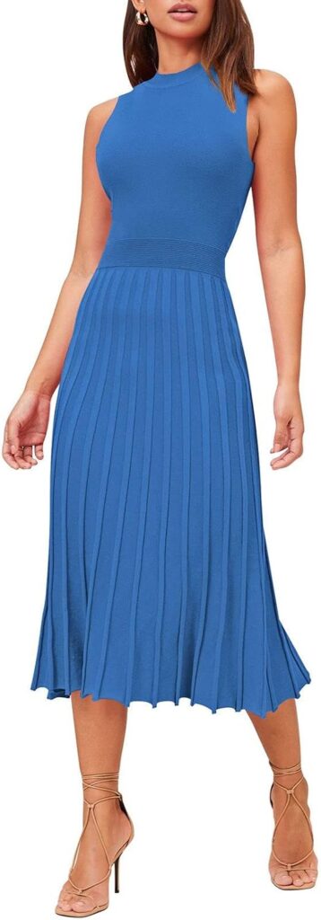 Pink Queen Womens Crew Neck Sleeveless High Waisted Bodycon Pleated Ribbed Swing Knit Midi Dresses