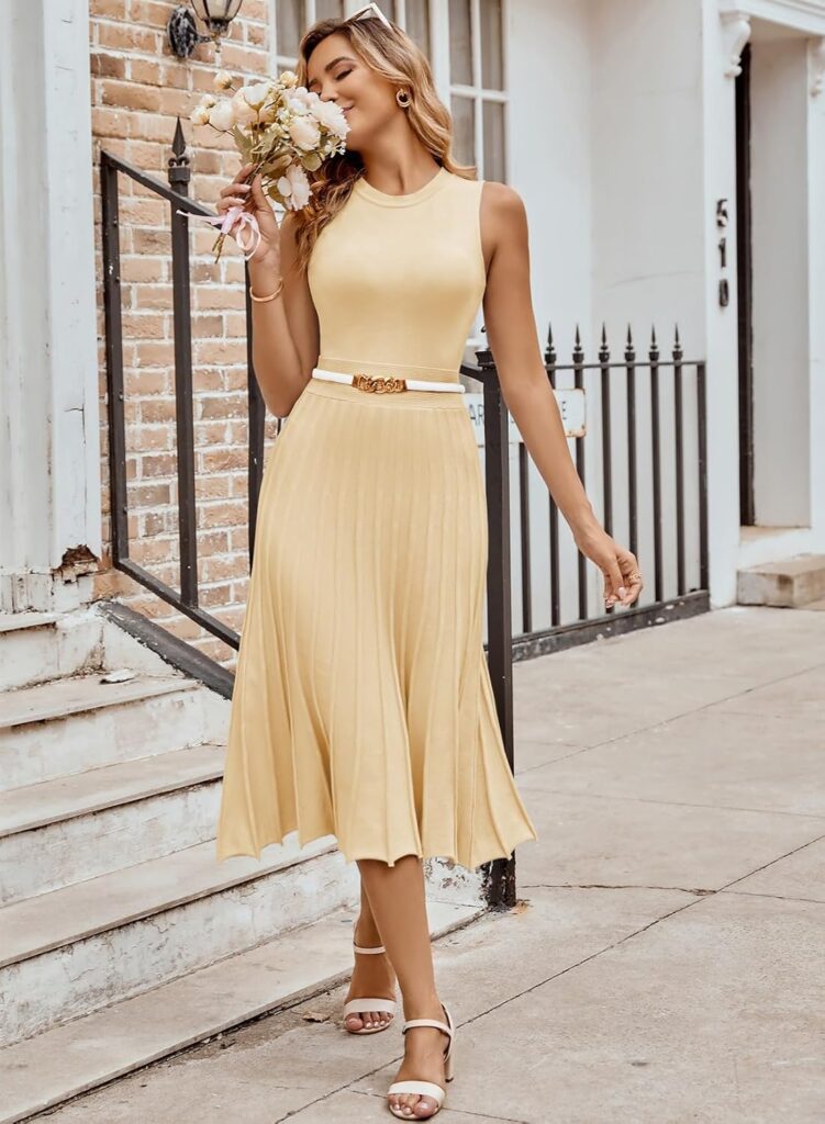 Pink Queen Womens Crew Neck Sleeveless High Waisted Bodycon Pleated Ribbed Swing Knit Midi Dresses