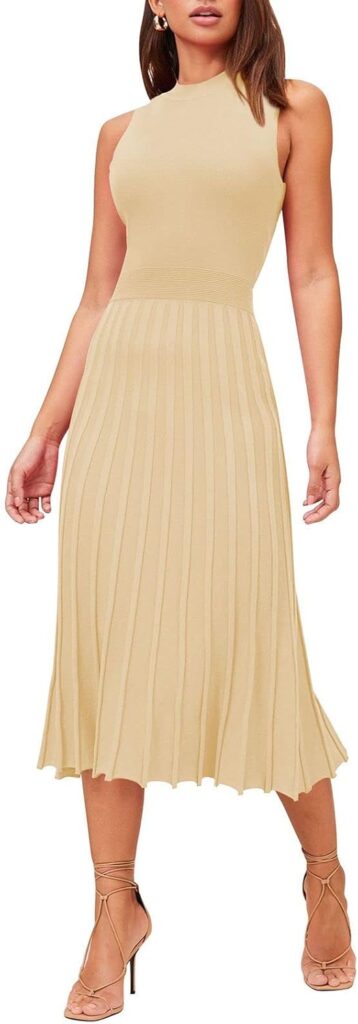 Pink Queen Womens Crew Neck Sleeveless High Waisted Bodycon Pleated Ribbed Swing Knit Midi Dresses