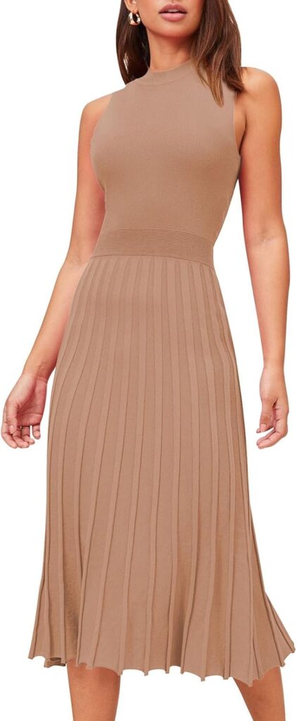 Pink Queen Womens Crew Neck Sleeveless High Waisted Bodycon Pleated Ribbed Swing Knit Midi Dresses
