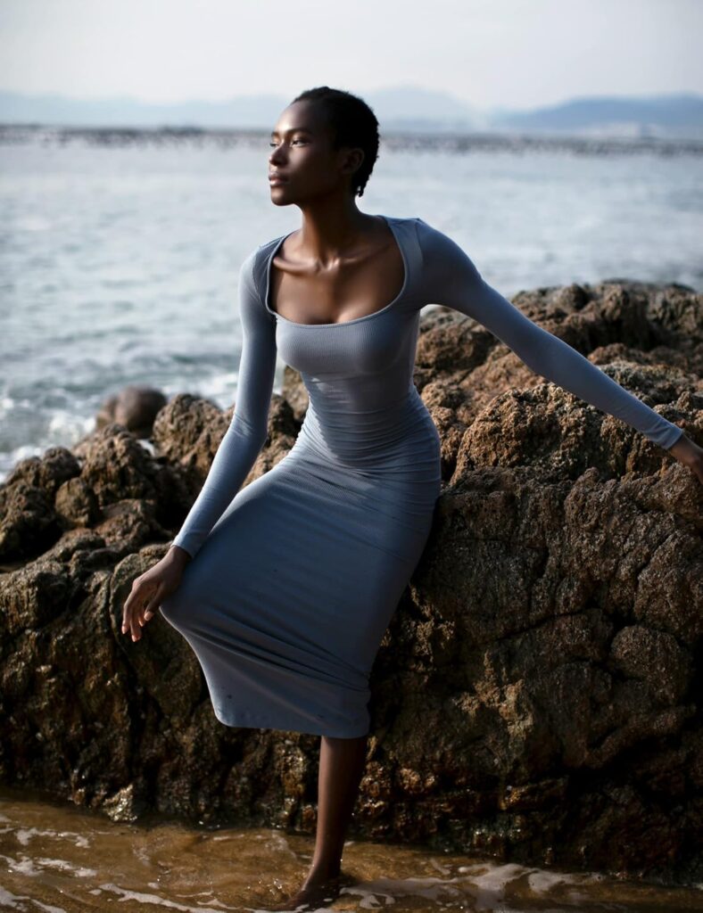 PUMIEY Womens Square Neck Long Sleeve Maxi Dress Ribbed Bodycon Dresses for Women Soft Lounge Dress