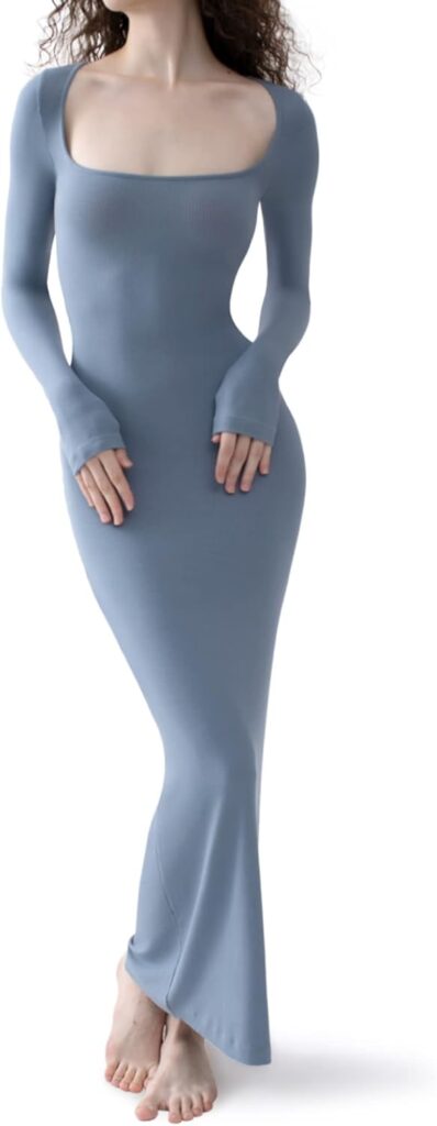 PUMIEY Womens Square Neck Long Sleeve Maxi Dress Ribbed Bodycon Dresses for Women Soft Lounge Dress
