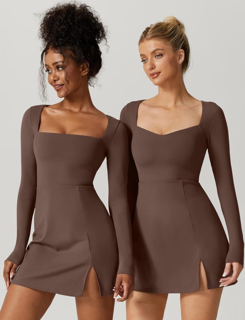 QINSEN Womens Square Neck Bodice Dress Long Sleeve Side Slit Flare Mini Dresses