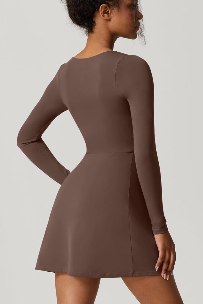 QINSEN Womens Square Neck Bodice Dress Long Sleeve Side Slit Flare Mini Dresses