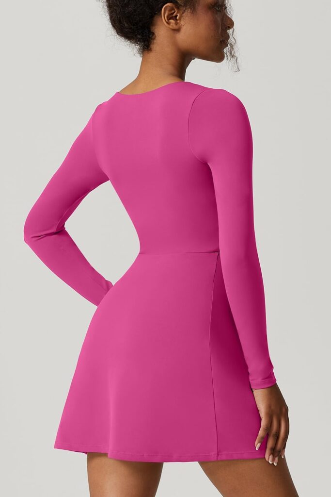 QINSEN Womens Square Neck Bodice Dress Long Sleeve Side Slit Flare Mini Dresses