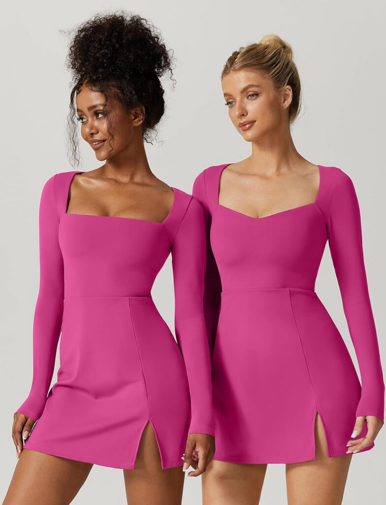 QINSEN Womens Square Neck Bodice Dress Long Sleeve Side Slit Flare Mini Dresses