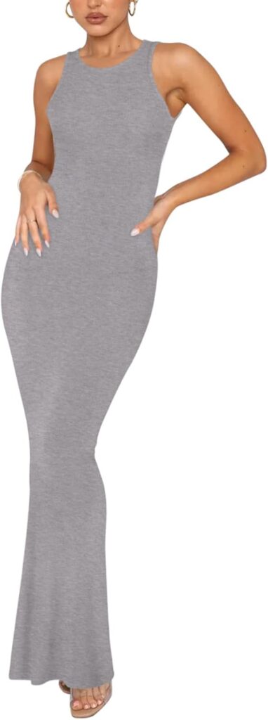 REORIA Womens Basic Summer Sexy Lounge Tank Long Dress Elegant Sleeveless Halter Neck Bodycon Maxi Dresses