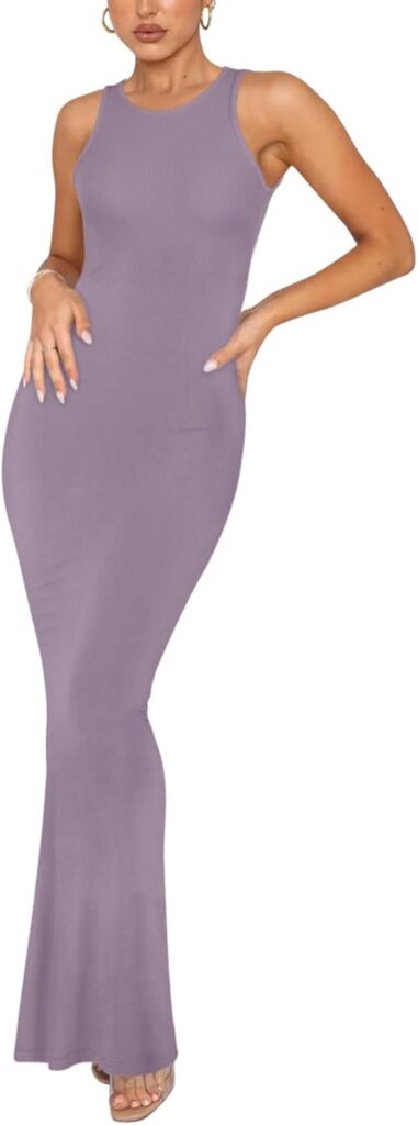 REORIA Womens Basic Summer Sexy Lounge Tank Long Dress Elegant Sleeveless Halter Neck Bodycon Maxi Dresses