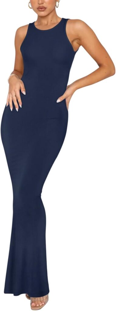 REORIA Womens Basic Summer Sexy Lounge Tank Long Dress Elegant Sleeveless Halter Neck Bodycon Maxi Dresses