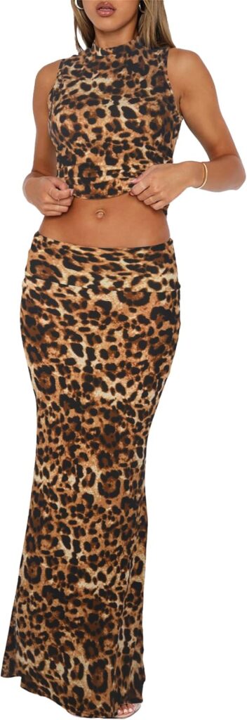 Skirt Sets Women 2 Piece Outfits - Sexy Two Pc Sleeveless Tank Crop Top Fold Over Maxi Long Skirts