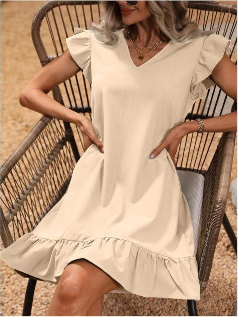 SOLY HUX Summer Dresses for Women V Neck Cap Sleeve Ruffle Hem Smock Short Dress
