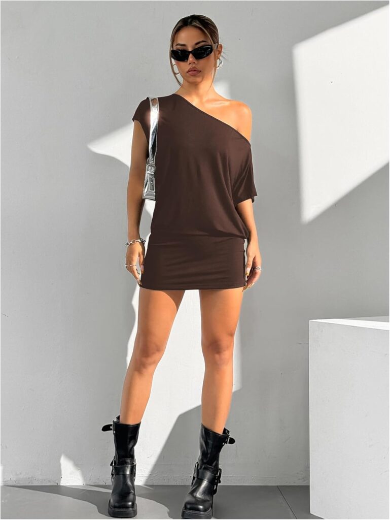 SOLY HUX Womens Off The Shoulder Mini Dress Asymmetrical Neck Short Sleeve Casual Bodycon T Shirt Dresses SOLY HUX Womens Off The Shoulder Mini Dress Asymmetrical Neck Short Sleeve Casual Bodycon T Shirt Dresses