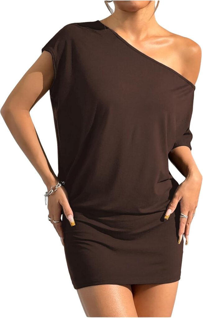 SOLY HUX Womens Off The Shoulder Mini Dress Asymmetrical Neck Short Sleeve Casual Bodycon T Shirt Dresses SOLY HUX Womens Off The Shoulder Mini Dress Asymmetrical Neck Short Sleeve Casual Bodycon T Shirt Dresses