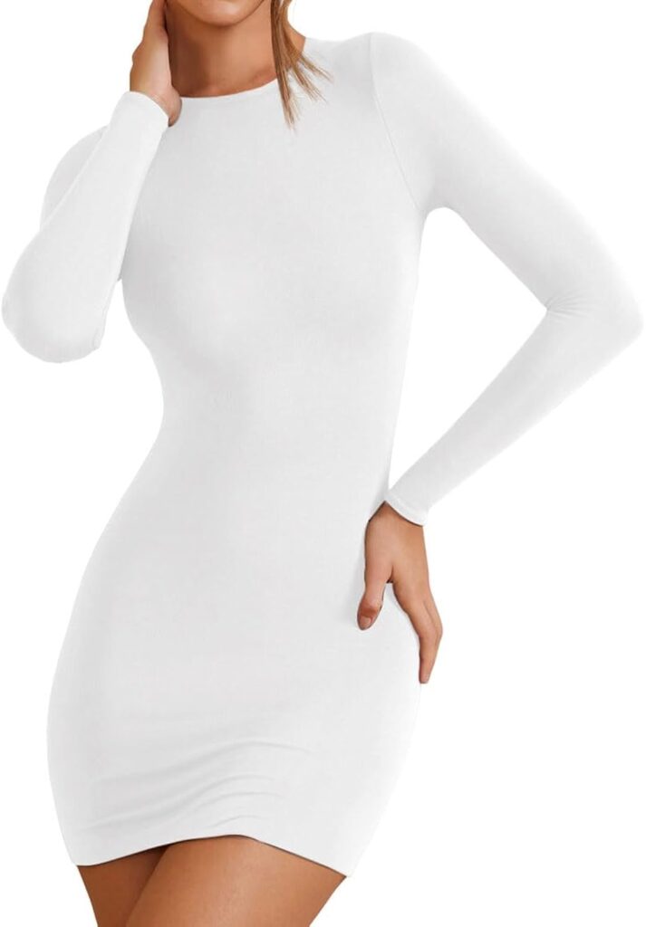YFANG Womens Basic Round Neck Long Sleeve Bodycon Dress Sexy Slim Fitted Going Out Stretchy Mini Dress