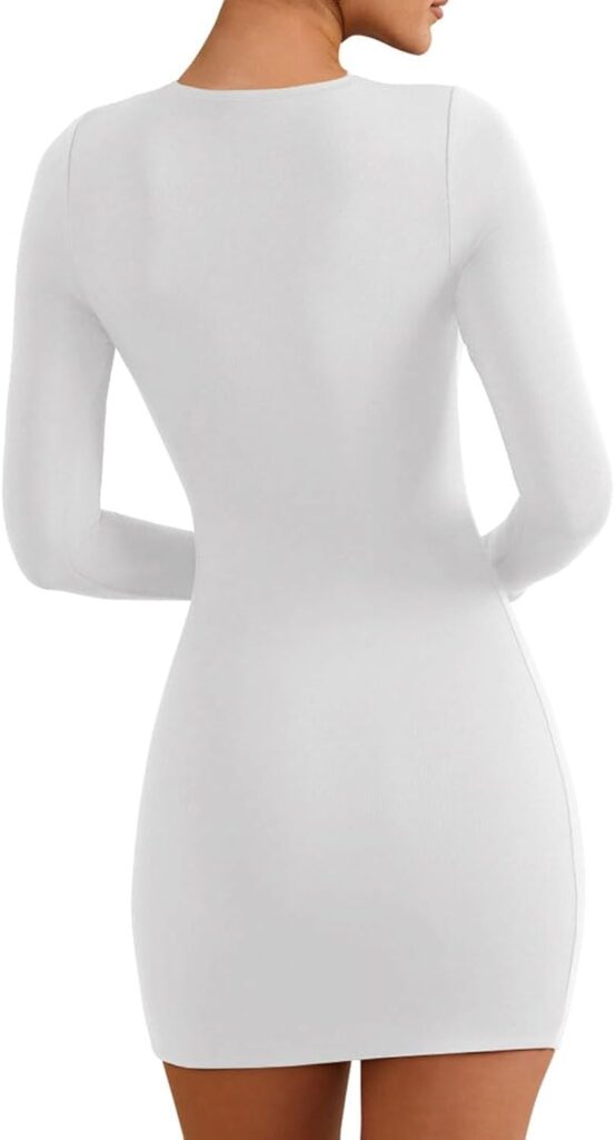 YFANG Womens Basic Round Neck Long Sleeve Bodycon Dress Sexy Slim Fitted Going Out Stretchy Mini Dress