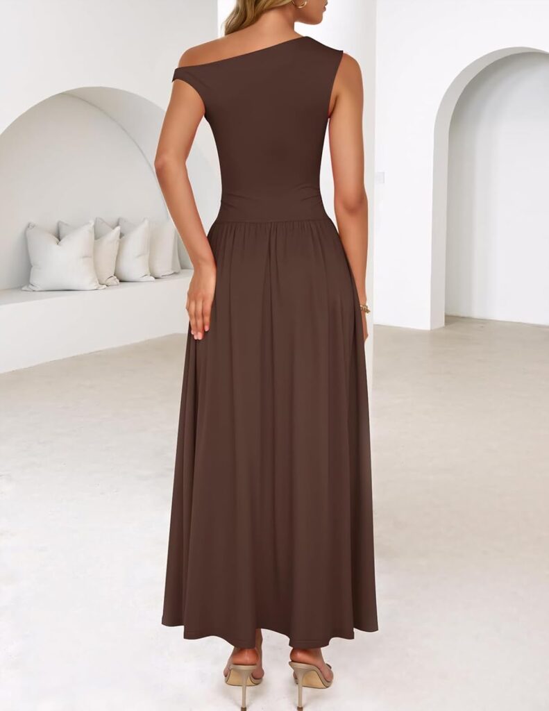ZESICA Womens Summer 2026 Sleeveless Maxi Dress One Shoulder Casual Slim Swing Pleated Formal Dresses with Pockets