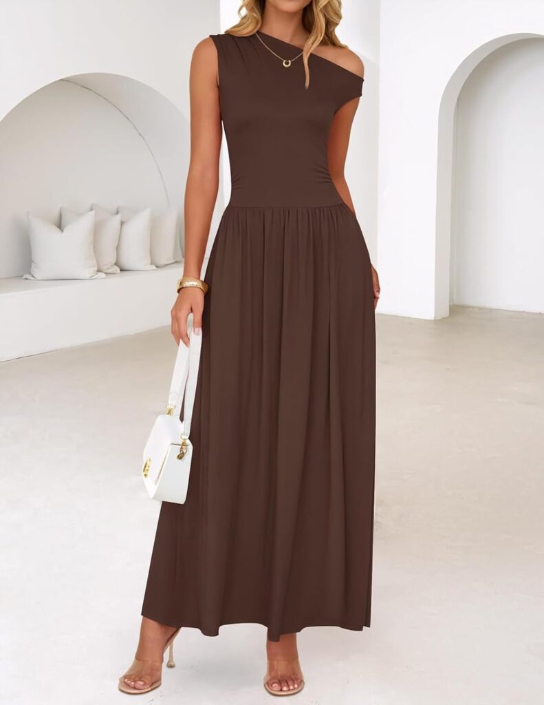 ZESICA Womens Summer 2026 Sleeveless Maxi Dress One Shoulder Casual Slim Swing Pleated Formal Dresses with Pockets