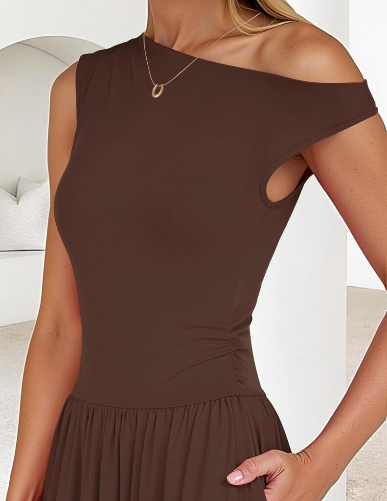 ZESICA Womens Summer 2026 Sleeveless Maxi Dress One Shoulder Casual Slim Swing Pleated Formal Dresses with Pockets