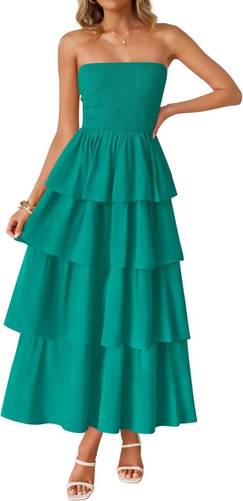 ZESICA Women‘s Summer Boho Strapless Maxi Dress 2026 Casual Sleeveless Off Shoulder Smocked Tiered Beach Long Sundress