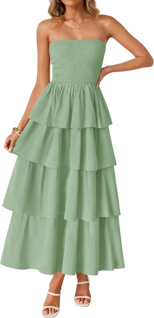 ZESICA Women‘s Summer Boho Strapless Maxi Dress 2026 Casual Sleeveless Off Shoulder Smocked Tiered Beach Long Sundress