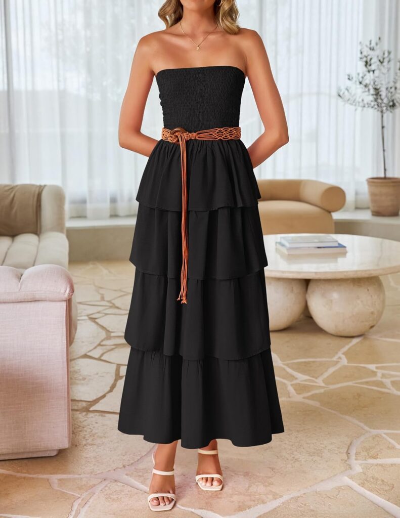 ZESICA Women‘s Summer Boho Strapless Maxi Dress 2026 Casual Sleeveless Off Shoulder Smocked Tiered Beach Long Sundress