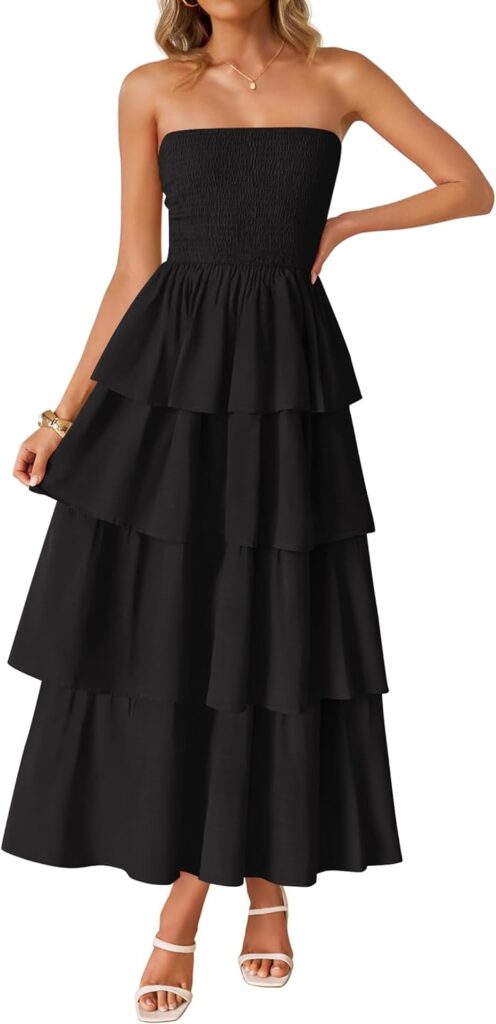 ZESICA Women‘s Summer Boho Strapless Maxi Dress 2026 Casual Sleeveless Off Shoulder Smocked Tiered Beach Long Sundress